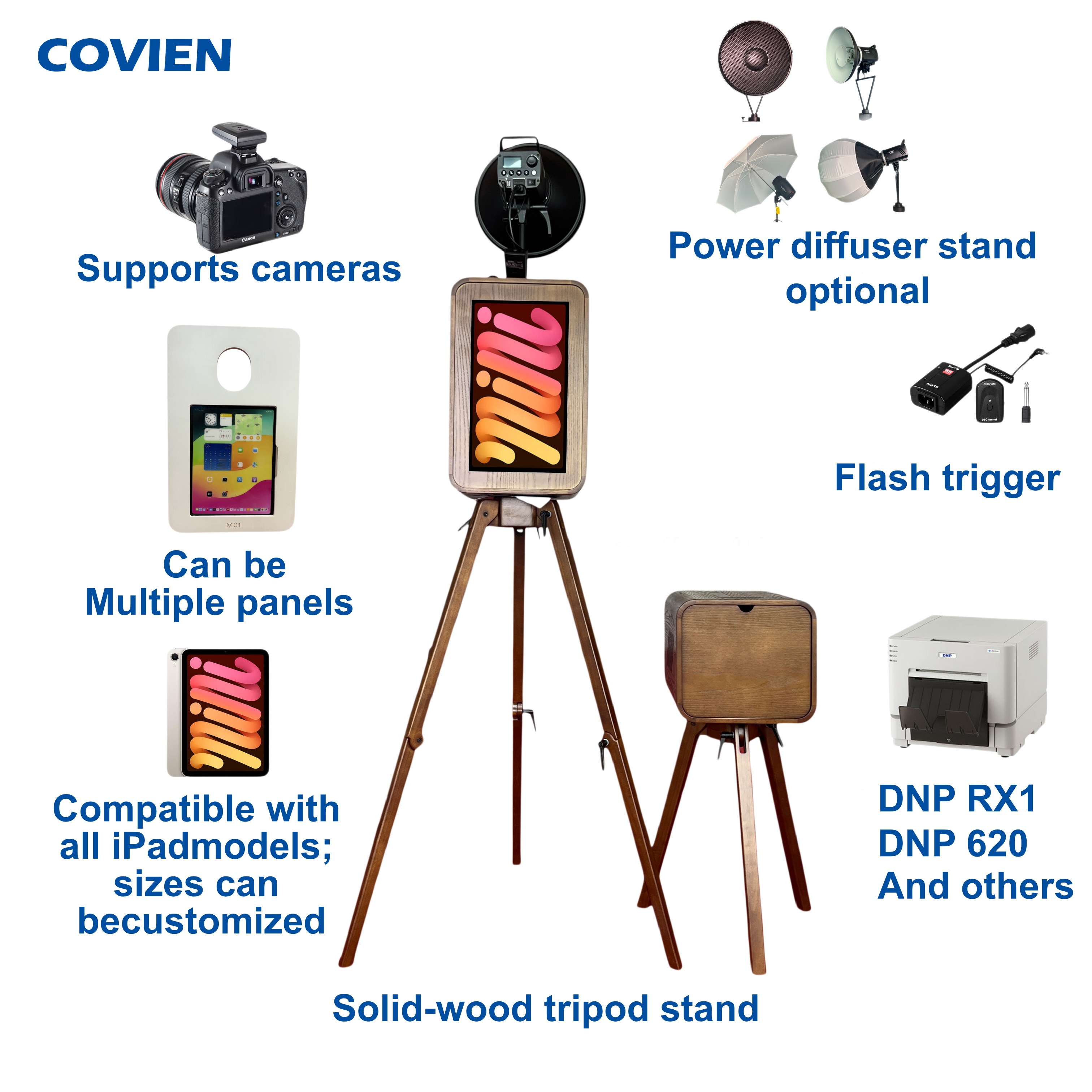 Dual sided wooden photo booth machine with DSLR camera and touchscreen